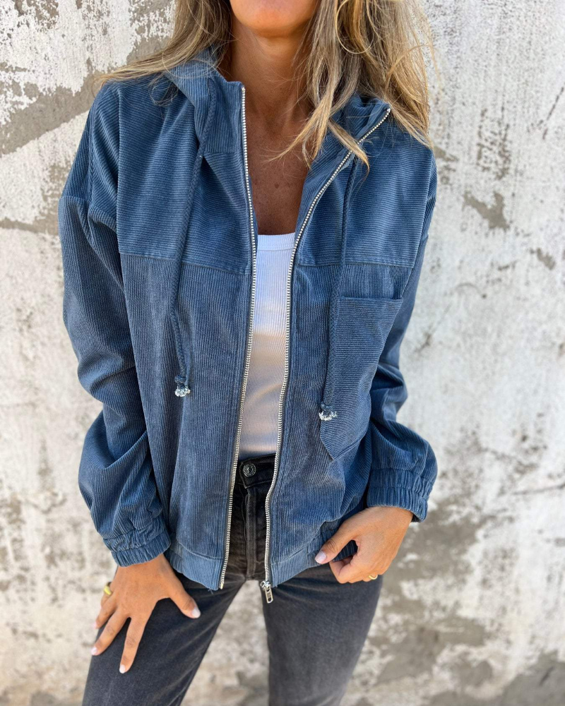 Drawstring Hooded Zip Front Corduroy Jacket 2