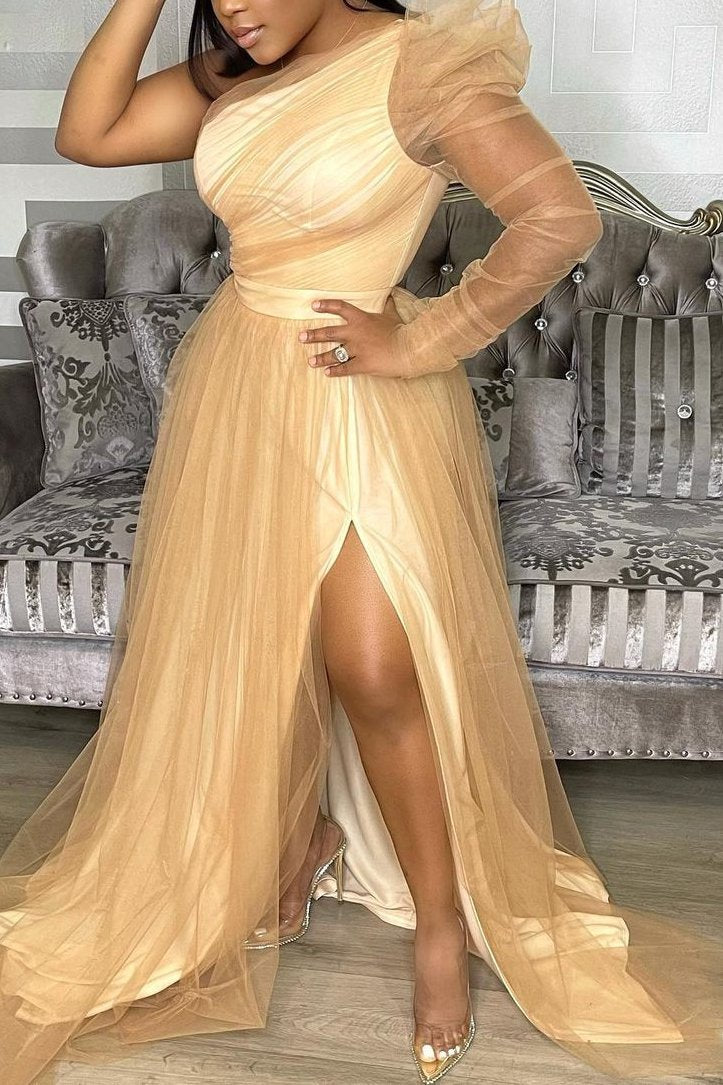 Plus Size Single Sleeve Elegant Party Wedding Guests Bridesmaid Tulle Maxi Dress Fashionpara