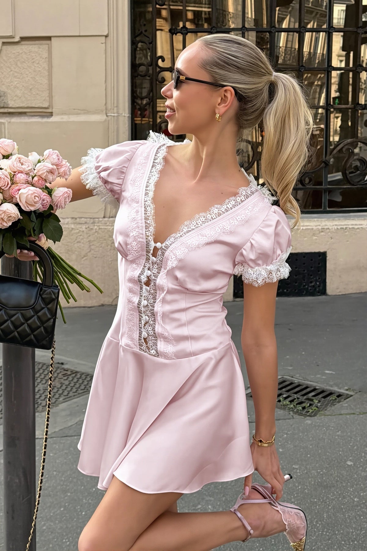 Satin Lace Trim Button Front Puff Sleeve Mini Dress 2