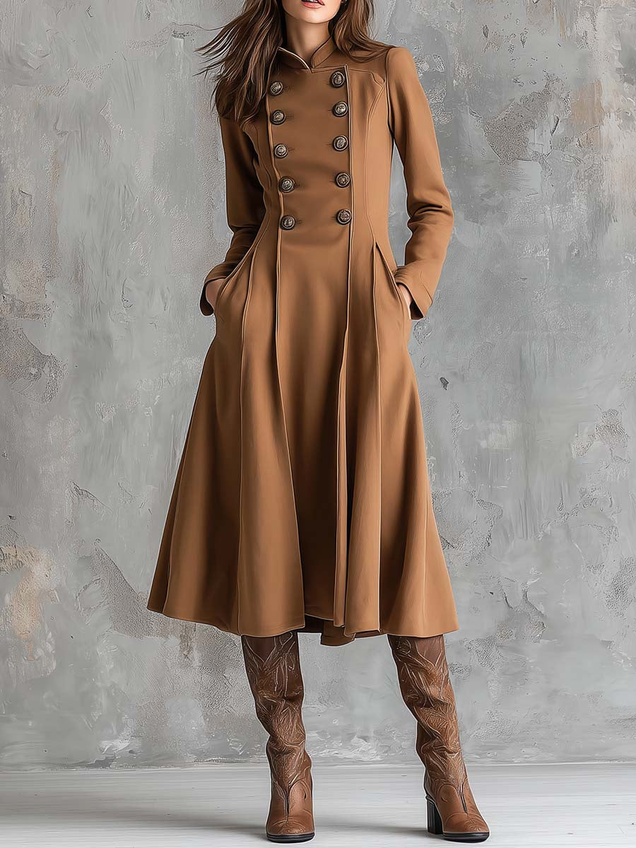 Vintage Camel Double-Breasted Midi Coat Dress - Fashionpara