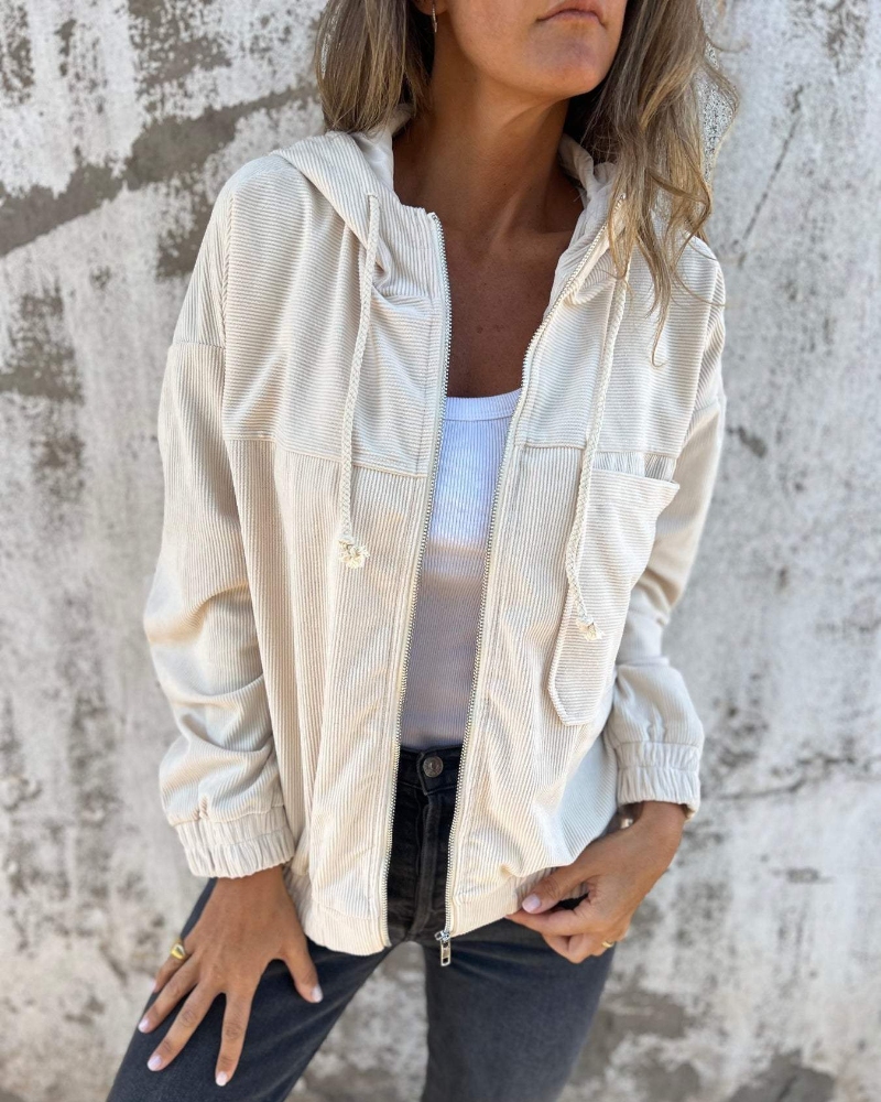 Drawstring Hooded Zip Front Corduroy Jacket