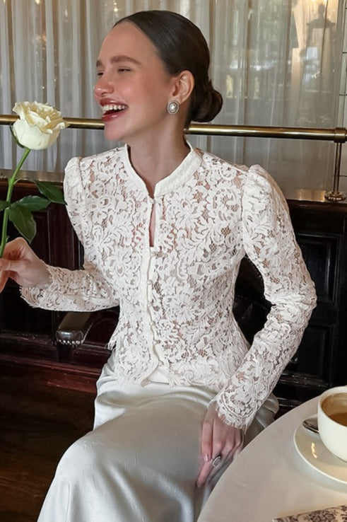 Lace Hollow Out Puff Sleeve Knit Blouse - Fashionpara