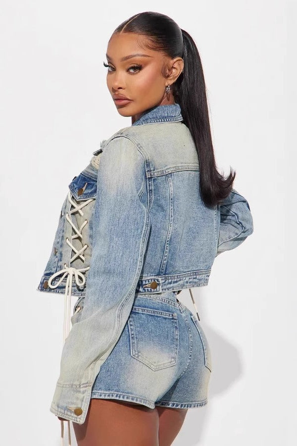 Trendy Jacket Two Piece Shorts Set