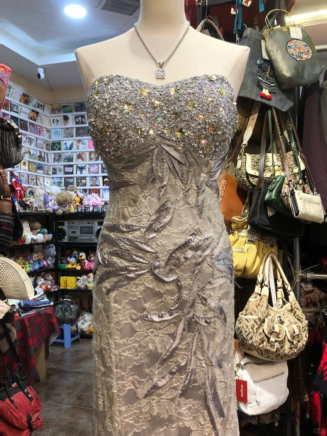 Elegant Grey Mermaid Strapless Sequined Lace Long Prom Dress Evening Dress P4157