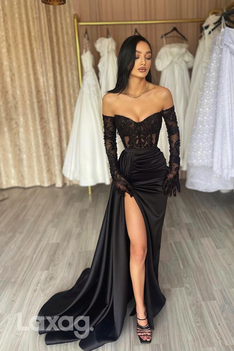 Black Sweetheart Sheer Lace Prom Evening Dress With Split - Fashionpara