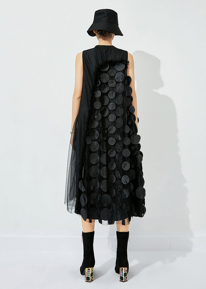 3D Circle Appliqué Asymmetric Drape High Neck Mesh Midi Dress - View 10