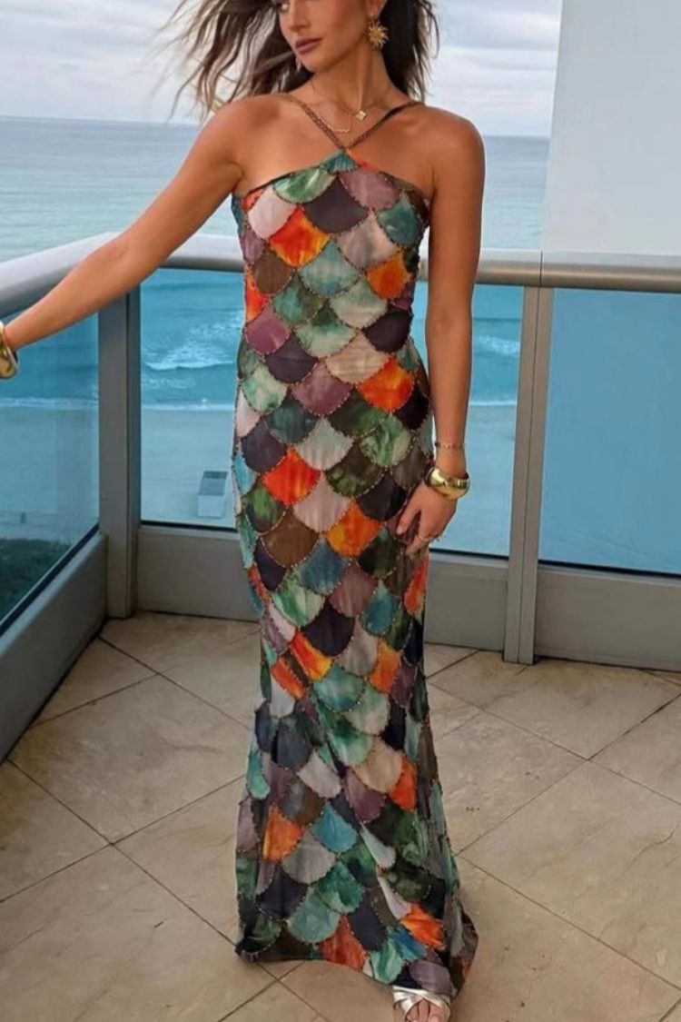 Little Mermaid Colorful Scales Print Halter Maxi Dress - Fashionpara