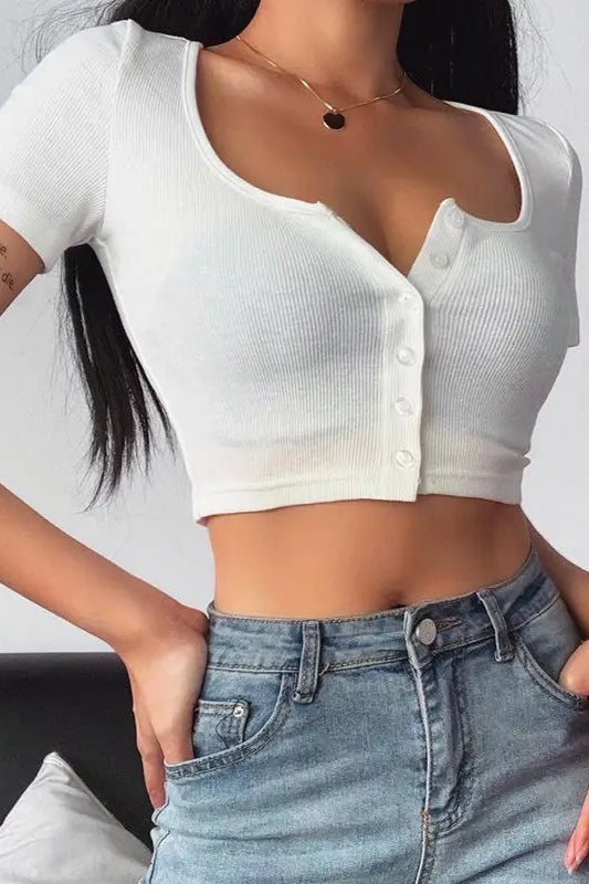 Button Front Slim Crop Top - Fashionpara
