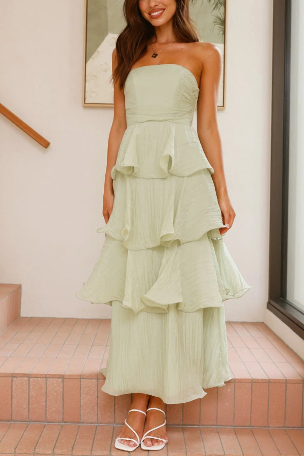 Pure Color Sexy Tube Top Backless Multi-layered Maxi Dress - Fashionpara