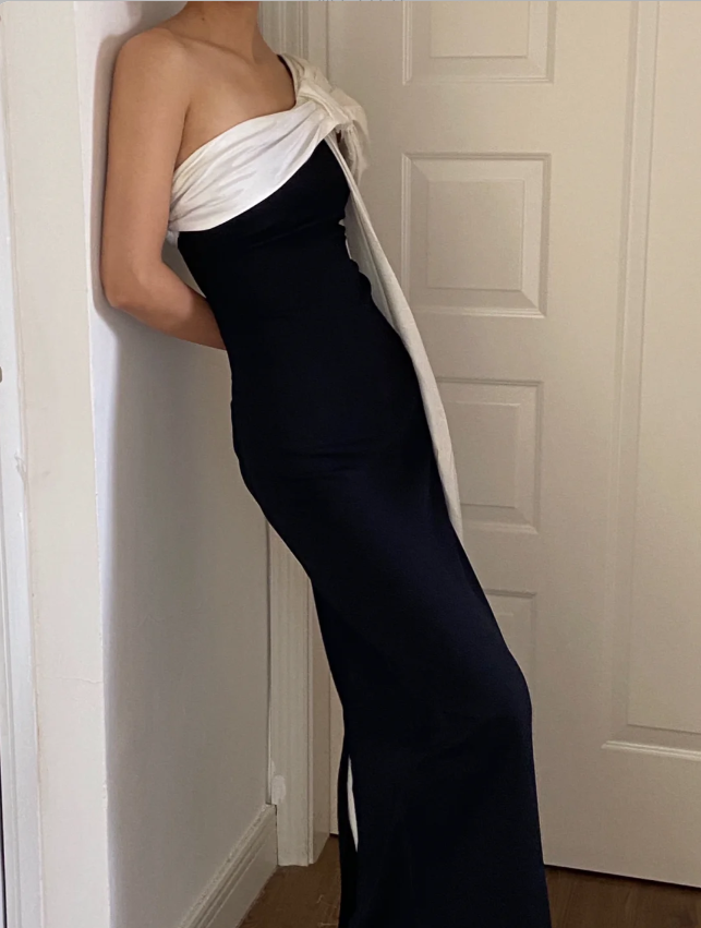 Elegant Black And White Fitted One-Shoulder Satin Long Prom Dress Evening Dress P4158