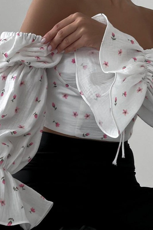 Square Neck Puff Sleeve Tie Floral Crop Blouse