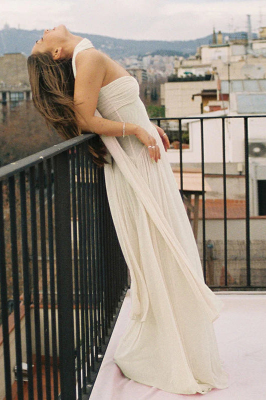 Strapless Flowy Ribbon Slim Waist Maxi Dress