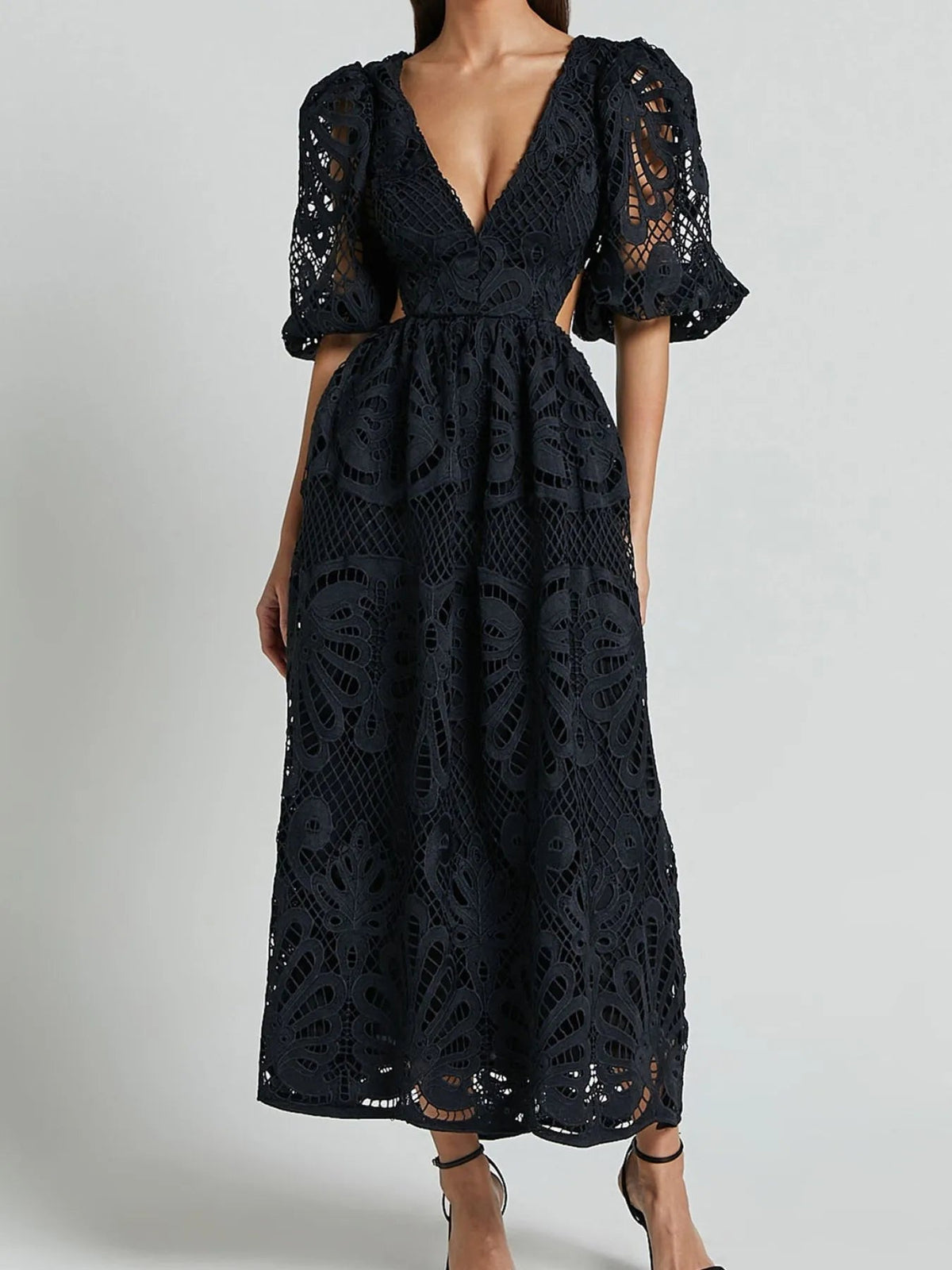 Lace Deep V-Neck Puff Sleeve Cut Out Waist A-Line Midi Dress