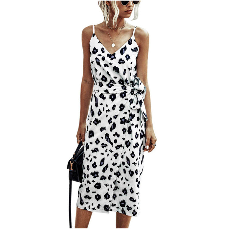Animal Print V-Neck Sleeveless Wrap Midi Dress