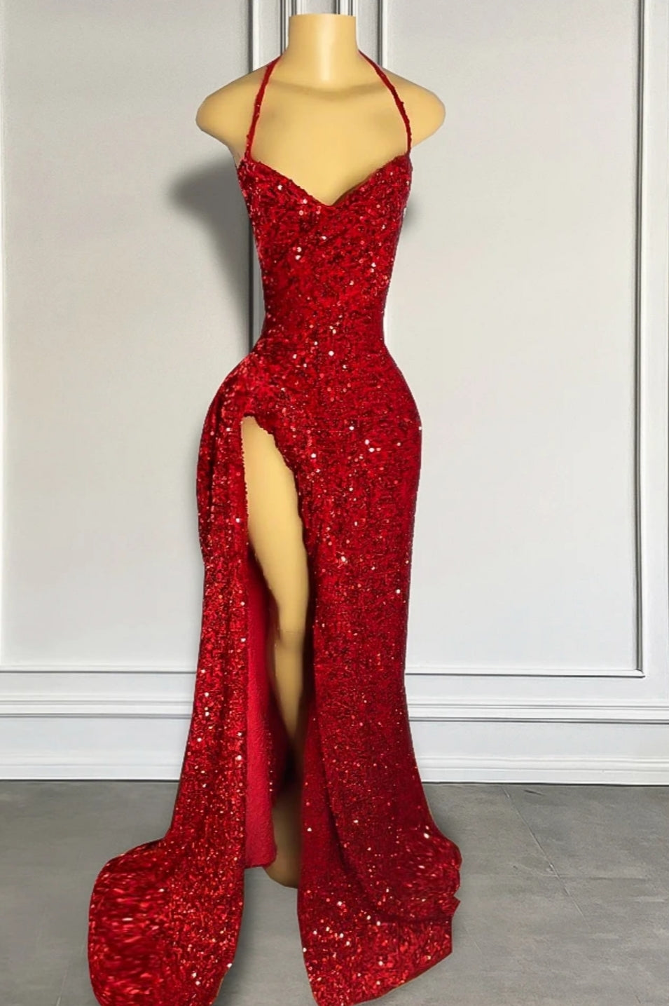 Glamorous Halter Burgundy High Split Floor Length Prom Party Dresses - Fashionpara