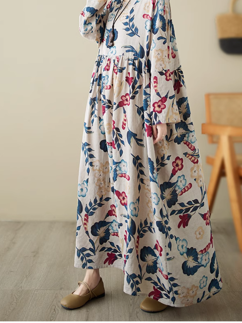 Floral Print Round Neck Long Sleeve Tiered Maxi Dress 4
