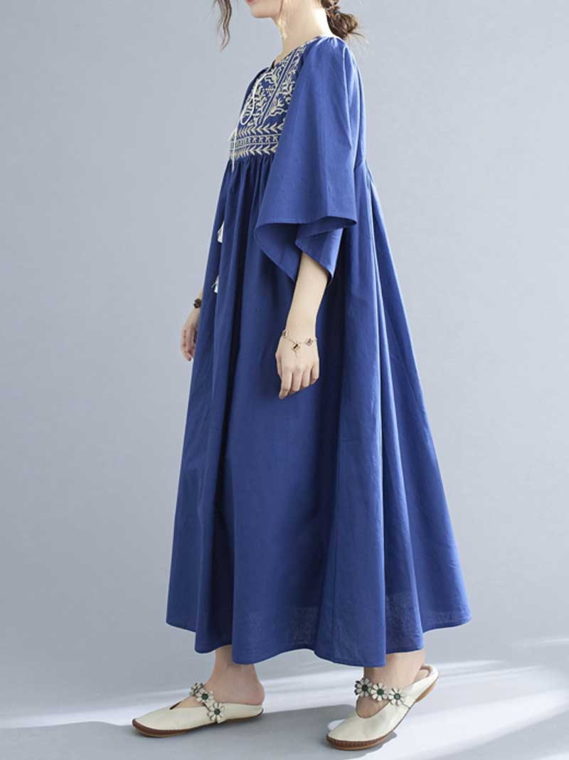 Embroidered Yoke Round Neck Tassel-Tie Batwing Midi Dress 14
