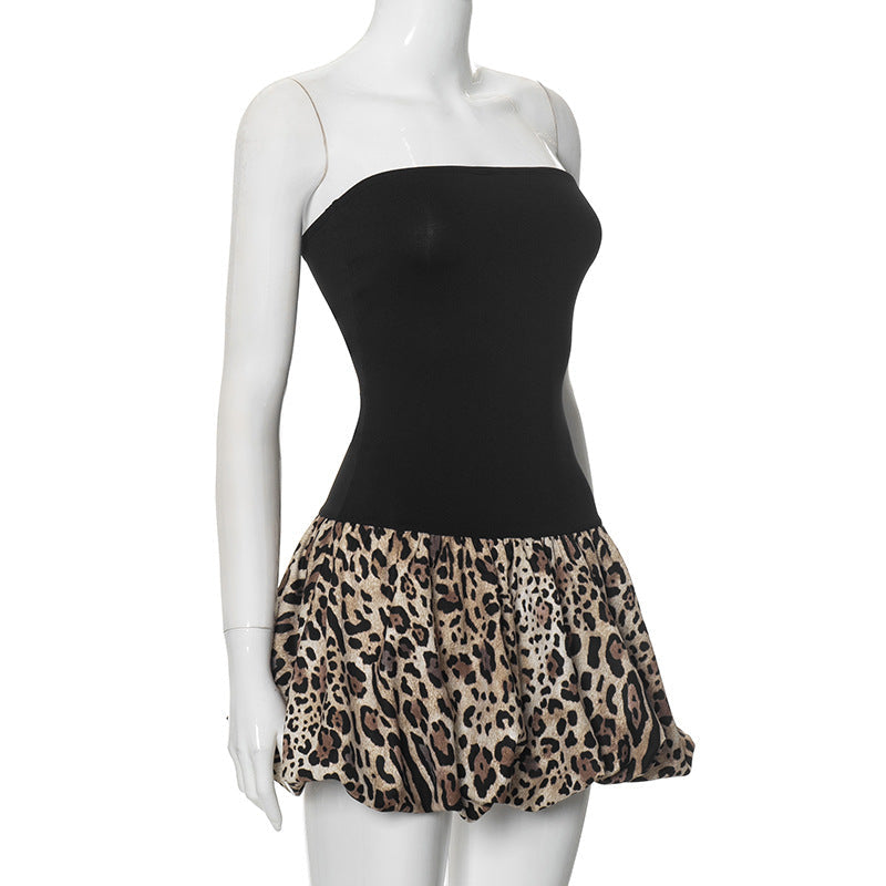 Leopard Print Strapless Puffball Hem Drop-Waist Mini Dress 15