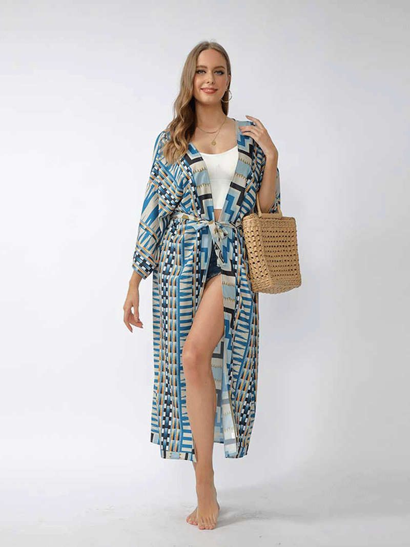 Printed Different Colors Polyester Long Length Gown Kimono Duster Robe - Fashionpara