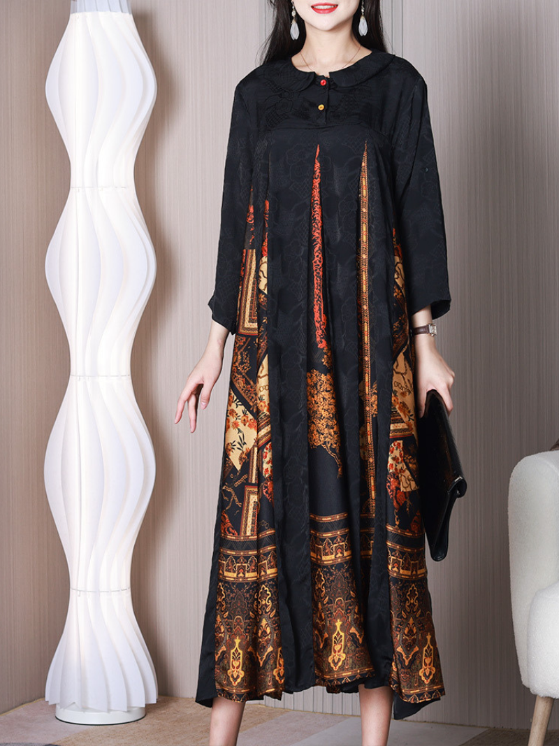Ornate Print Peter Pan Collar Pleated Loose A-Line Maxi Dress