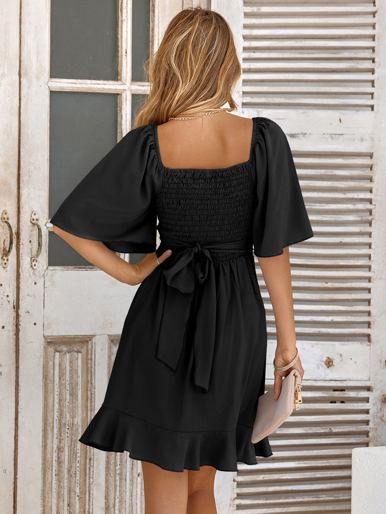 Apricot A Line Ruffles V Neck Short Graduation Party Dress - Fashionpara