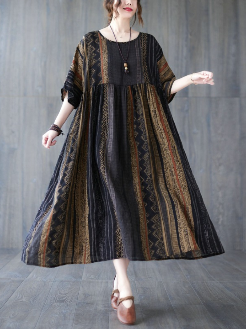 Striped Round Neck Short Sleeve Smock Midi Dress