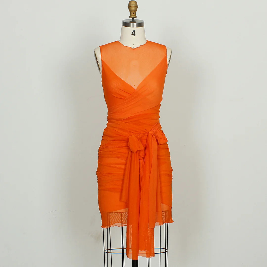 Sheer Mesh Wrap Tie Ribbon Mini Dress - Fashionpara