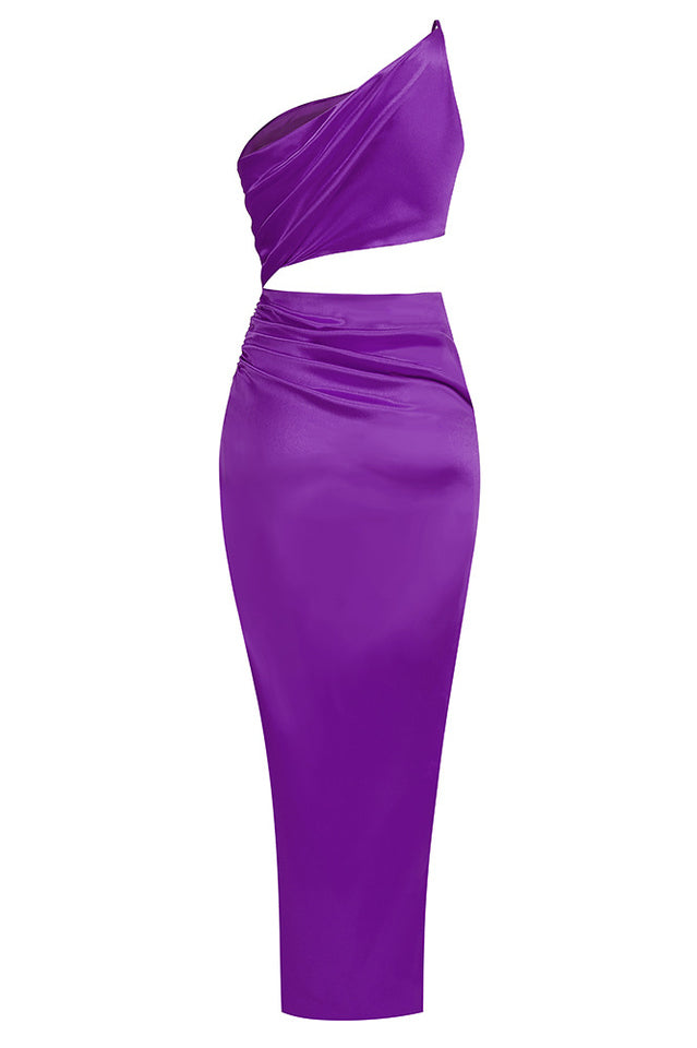 Satin One Shoulder Cut Out High Split Maxi Gown 10