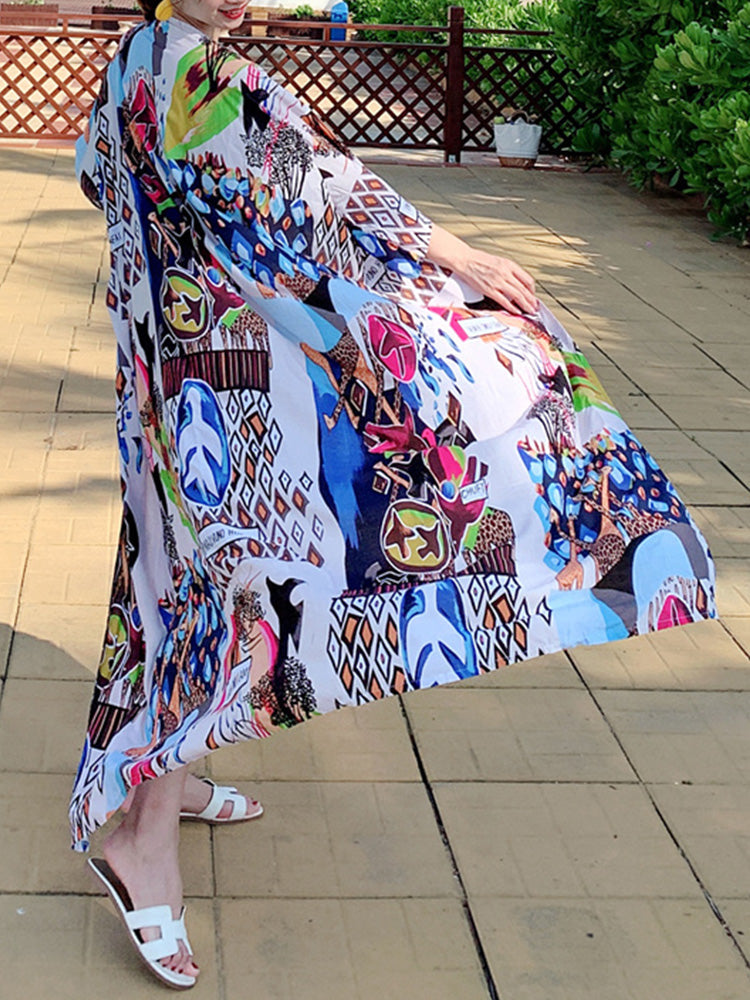 Printed Multicolor Cotton Long Length Gown Kimono Duster Robe - Fashionpara