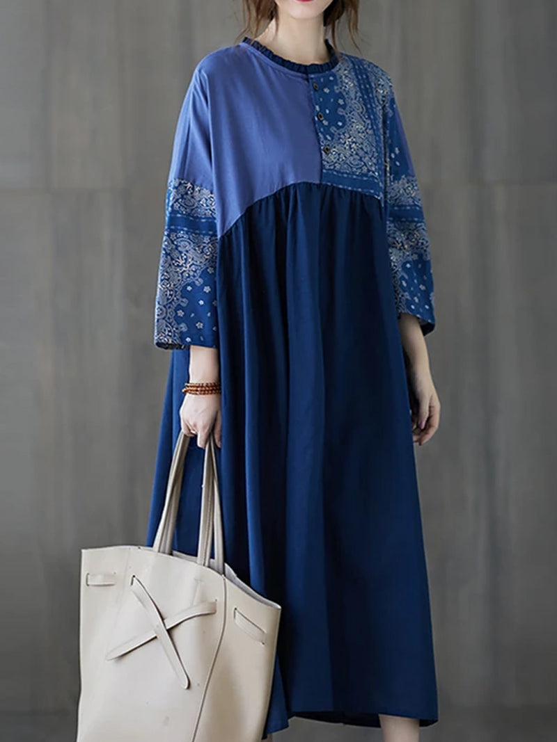 Paisley Patchwork Stand Collar Pleated Smock Midi Dress 6