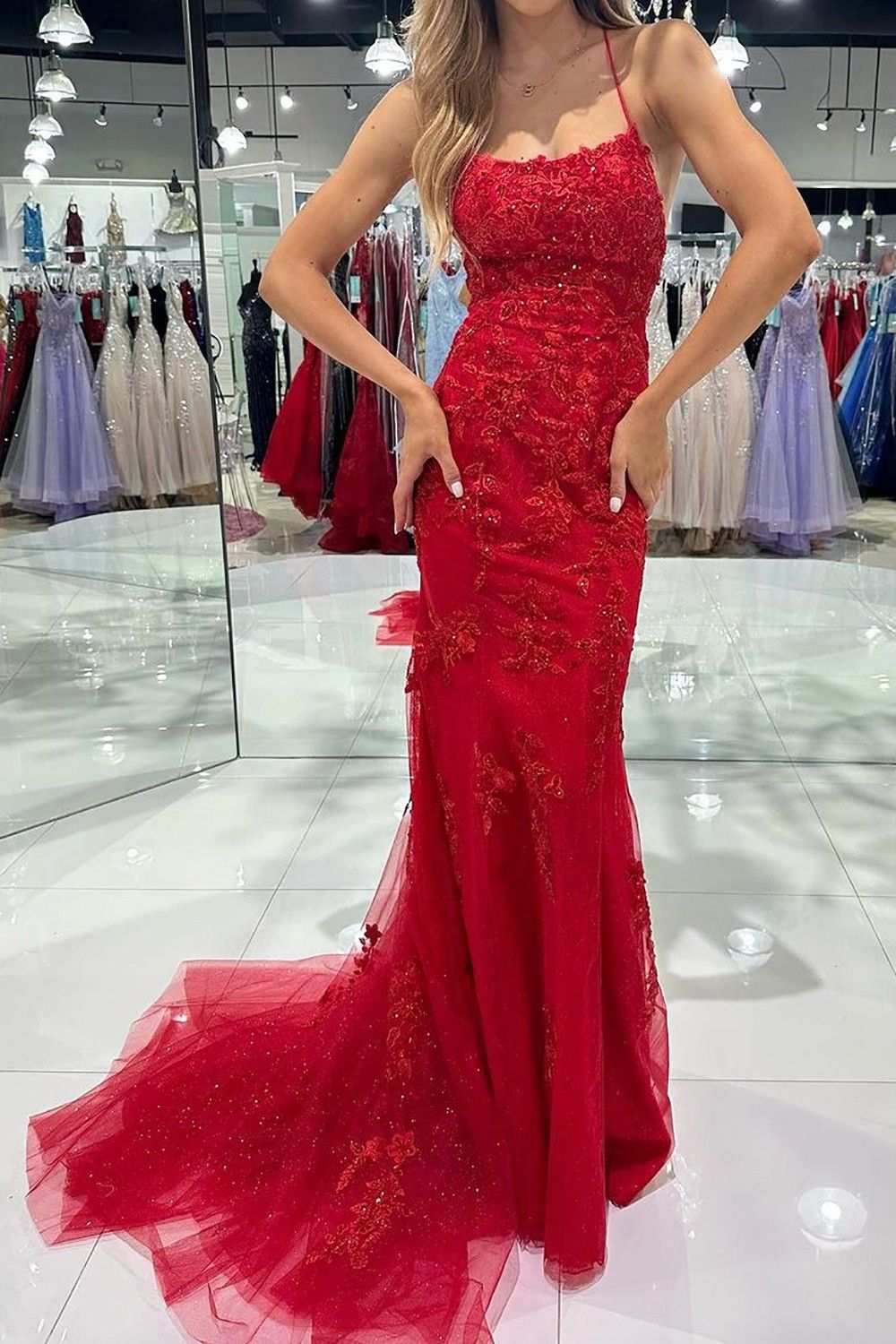 Hot Mermaid Spaghetti Straps Red Long Prom Dress with Criss Cross Back
