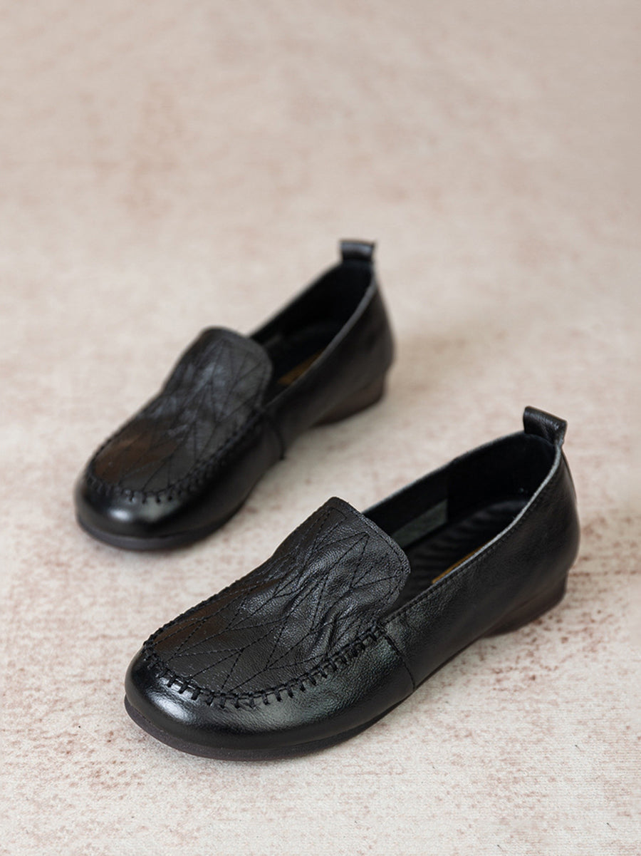 Vintage Genuine Leather Stitching Low Heel Shoes