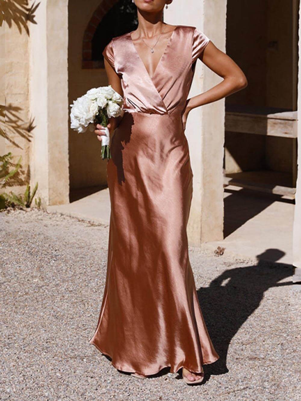 Spring/Summer Satin Solid Color V-Neck Fishtail Party Dress - Fashionpara