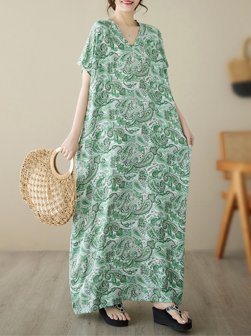 Paisley Print V-Neck Short-Sleeve Cocoon Maxi Dress