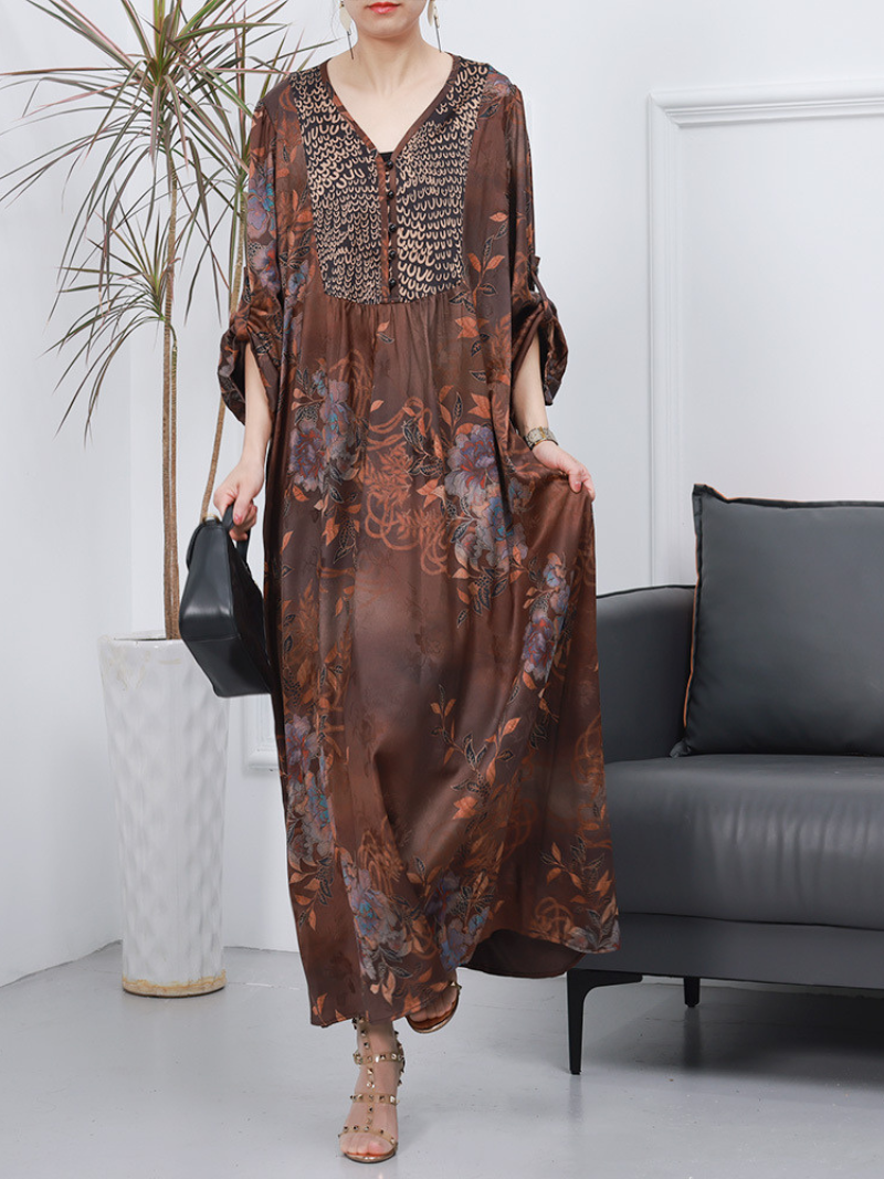 Women Retro Style Loose Printed Long Sleeves A-Line Dress - Fashionpara