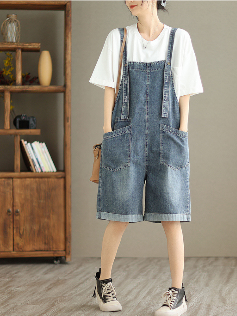 All You Need Denim High Waist Short Dungarees - Fashionpara