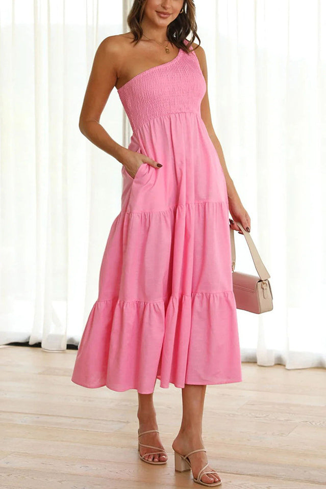 One Shoulder Shirred Tiered Midi Dress 6