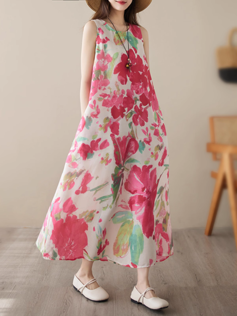 Artistry on Fabric Sleeveles Side Pocket Floral A-Line Dress - Fashionpara