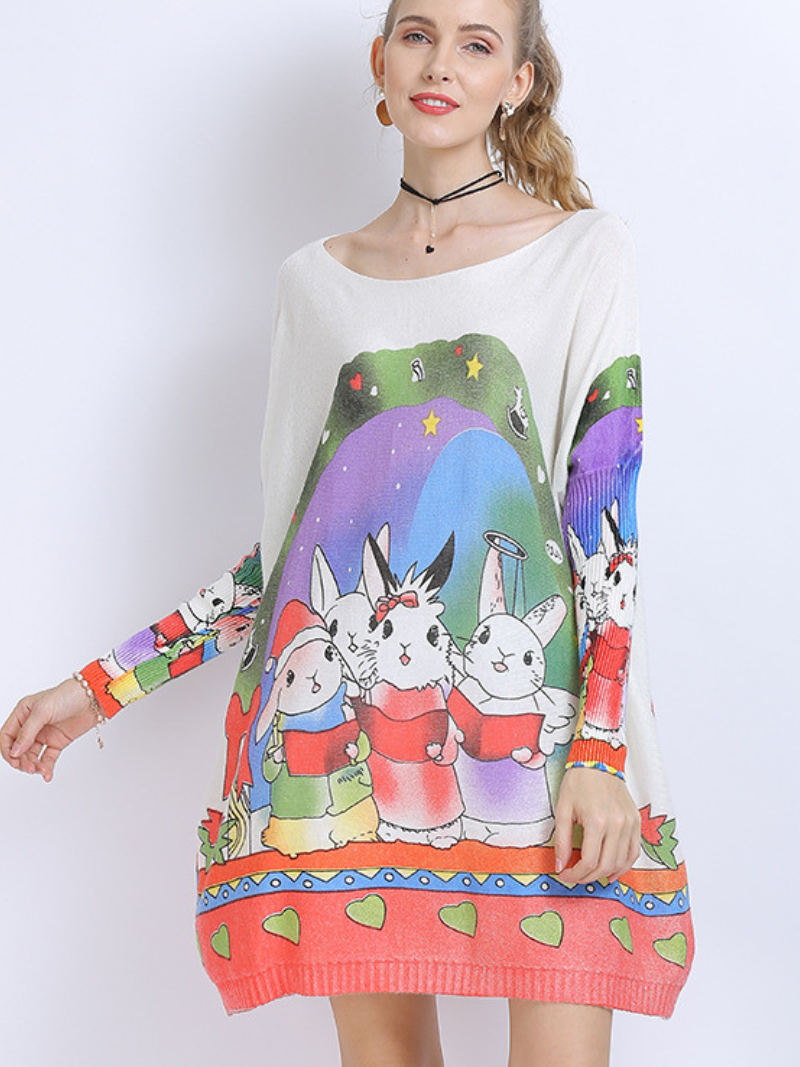 Large Size midi length Sweater Neck Rabbit Print Knit Sweater Tops - Fashionpara