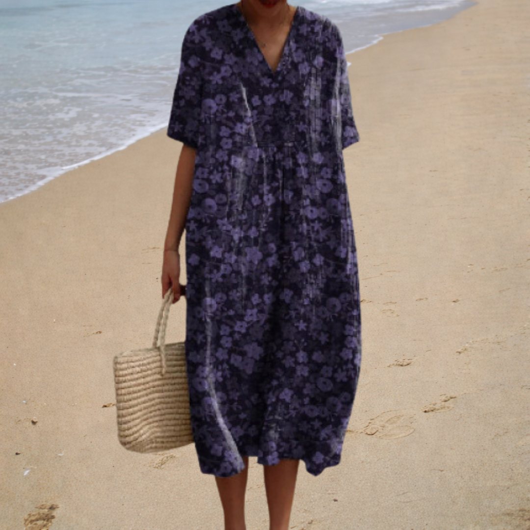 Ditsy Floral V-Neck Short Sleeve Loose Midi Dress 3