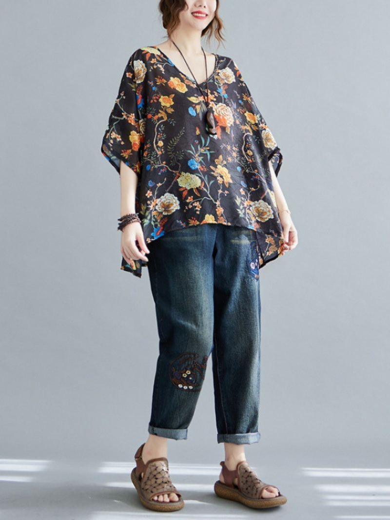 My Heart Big Flower Loose Tops - Fashionpara