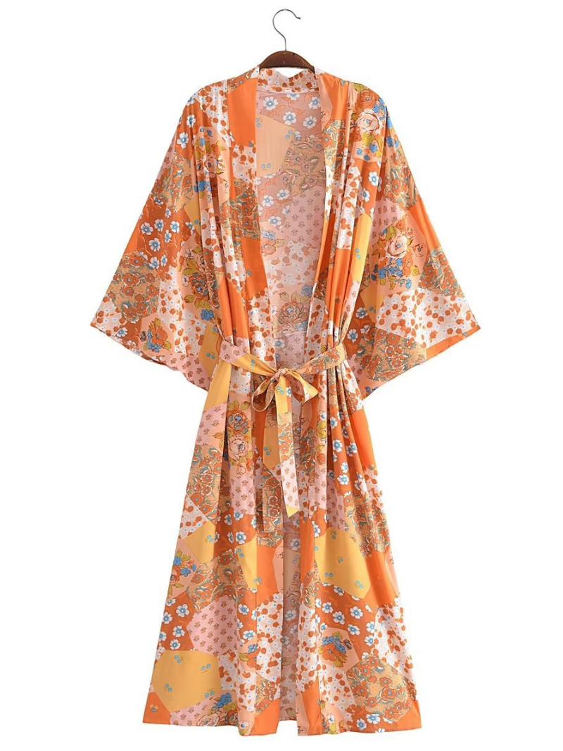 fashionable printing long belt stylish kimono cardigan jacket dress - Fashionpara