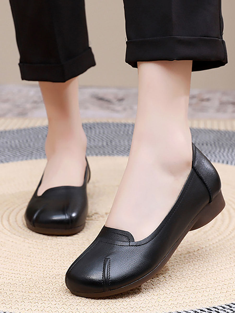 Commute Solid Leather Spliced Low Heel Shoes