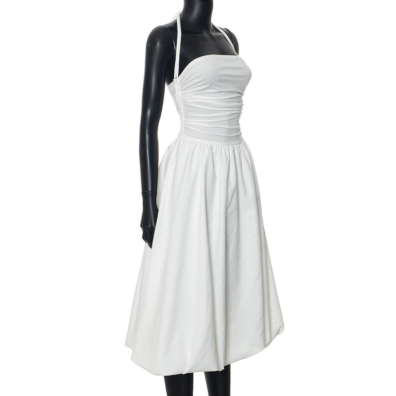 Tie-Strap Ruched Drop-Waist Bubble-Hem Midi Dress 13