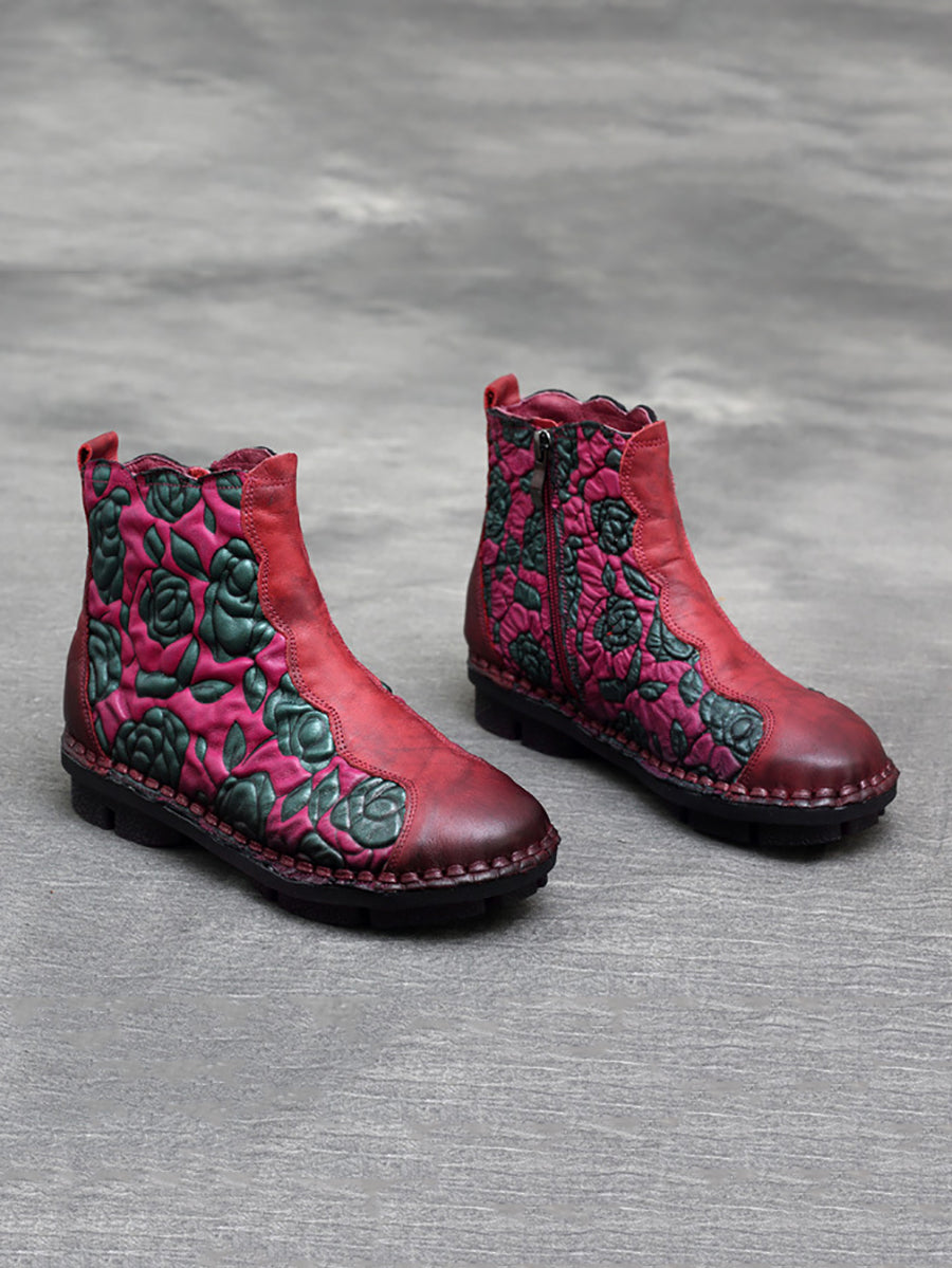 Retro Flower Leather Spliced Zipper Low Heel Boots