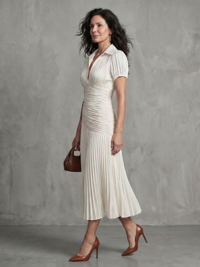 Striped Collared Puff Sleeve Pleated Midi Dress 14