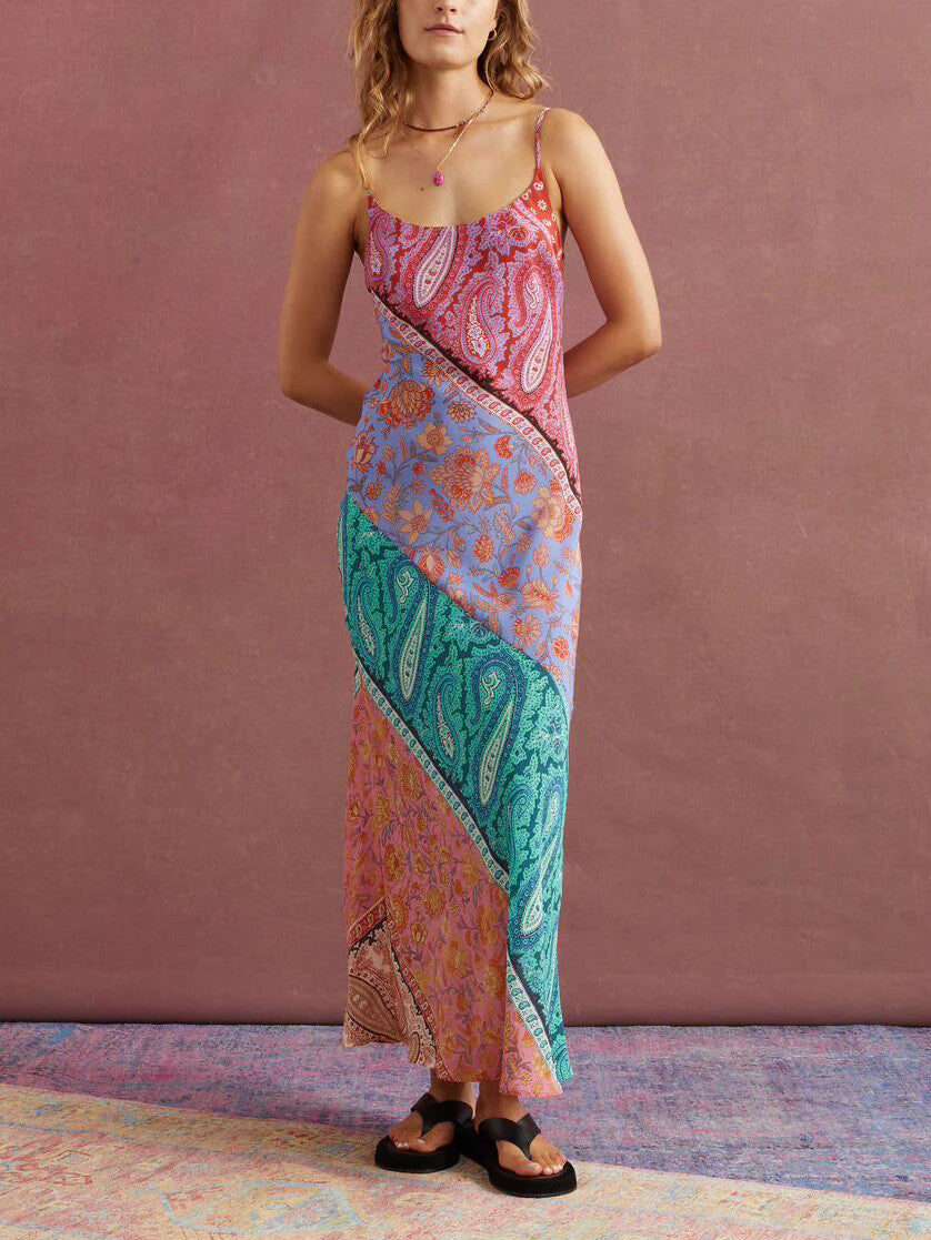 Sexy U-Neck Backless Bosnian Print Suspender Maxi Dress - Fashionpara