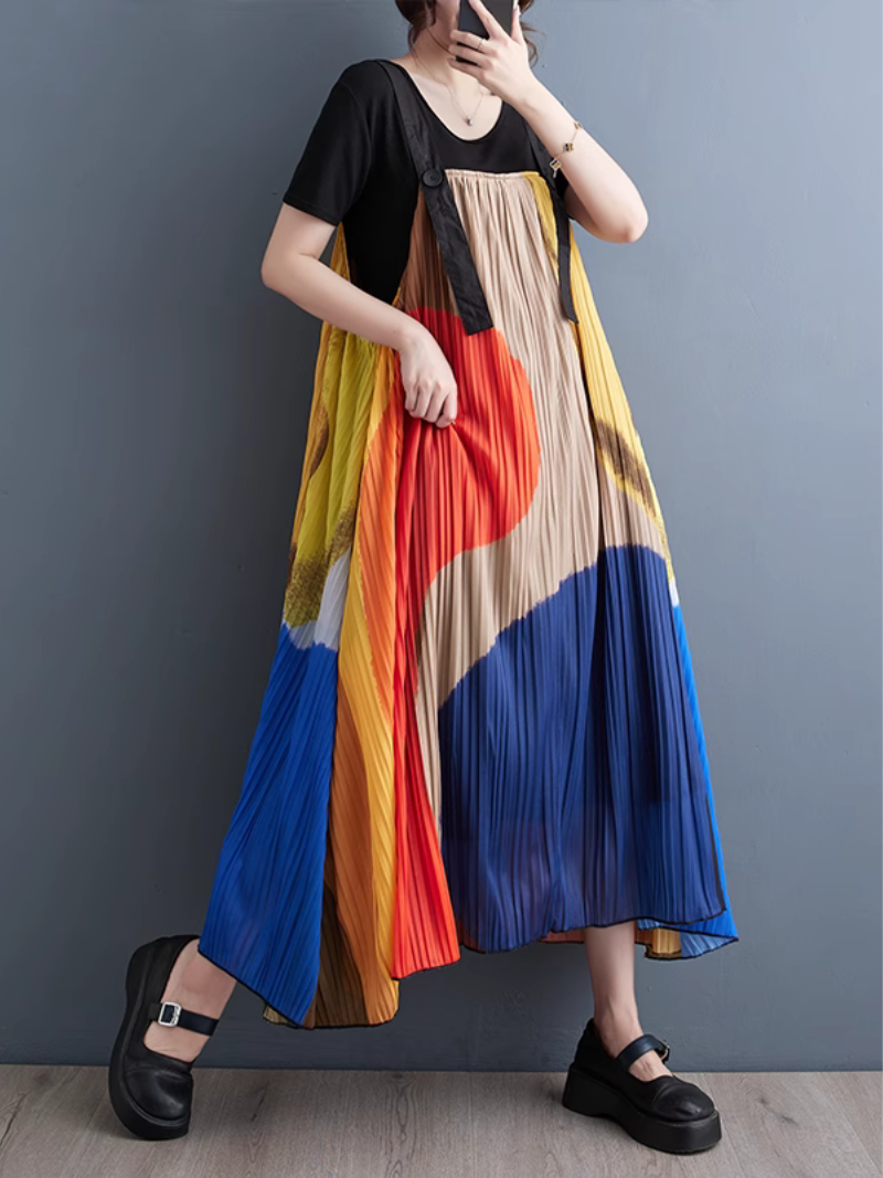 Abstract Print Square Neck Pleated Pinafore Midi Dress 6