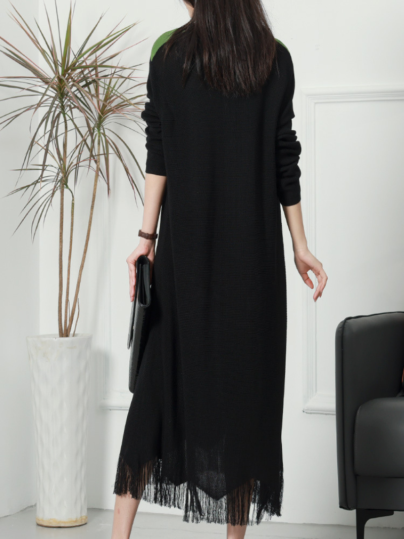 Knitted V-Neck Long Sleeve Tassel Hem A-Line Midi Dress 7