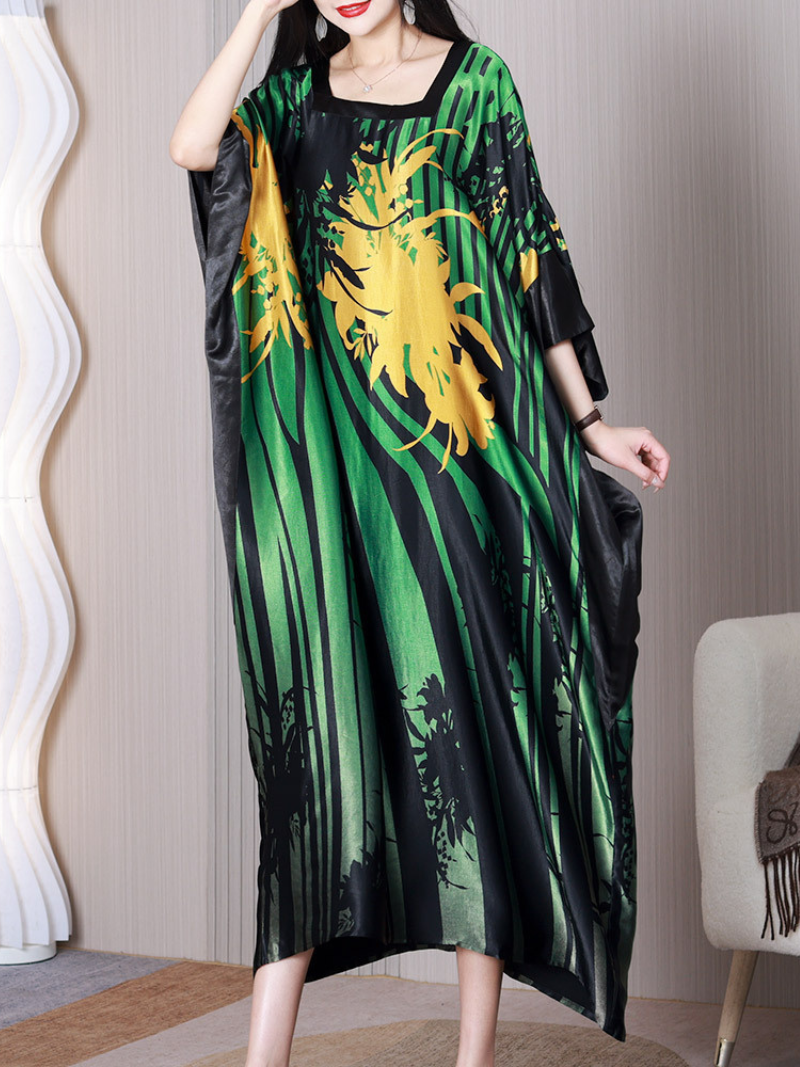 Abstract Print Square Neck Batwing Loose Maxi Dress 4